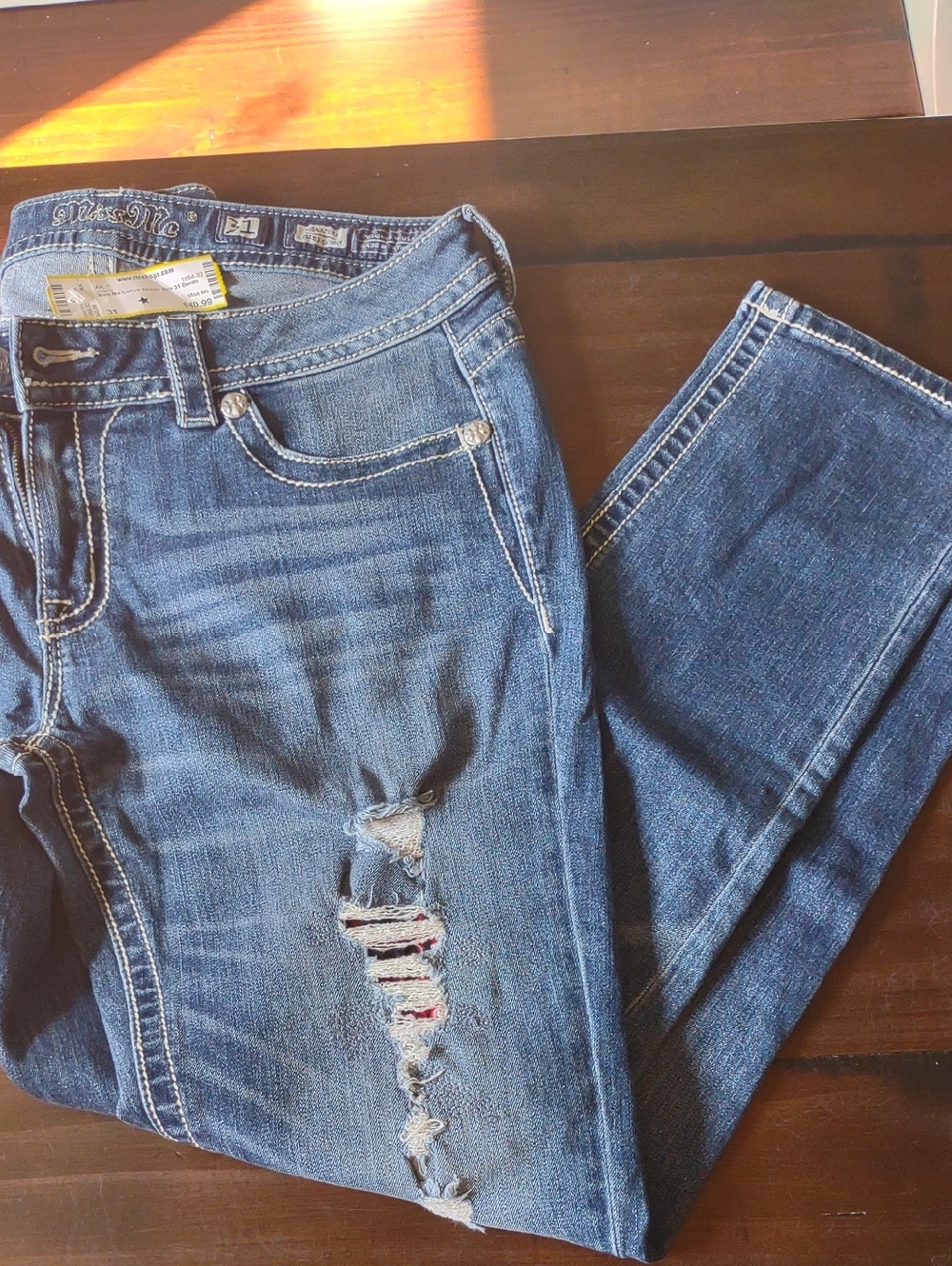 Miss Me Dark Blue Skinny Jeans with Distressed Knee Detail